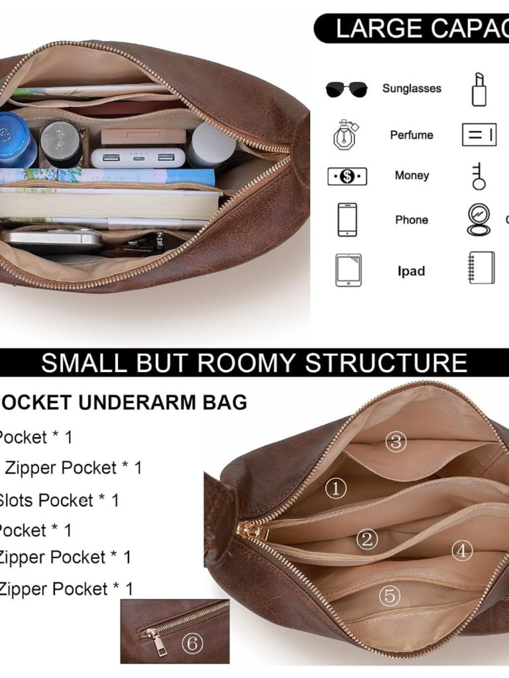 Hobo Bags for Women Retro Vegan Leather Shoulder Handbag Foldable Slouchy Tote C - Picture 5 of 7
